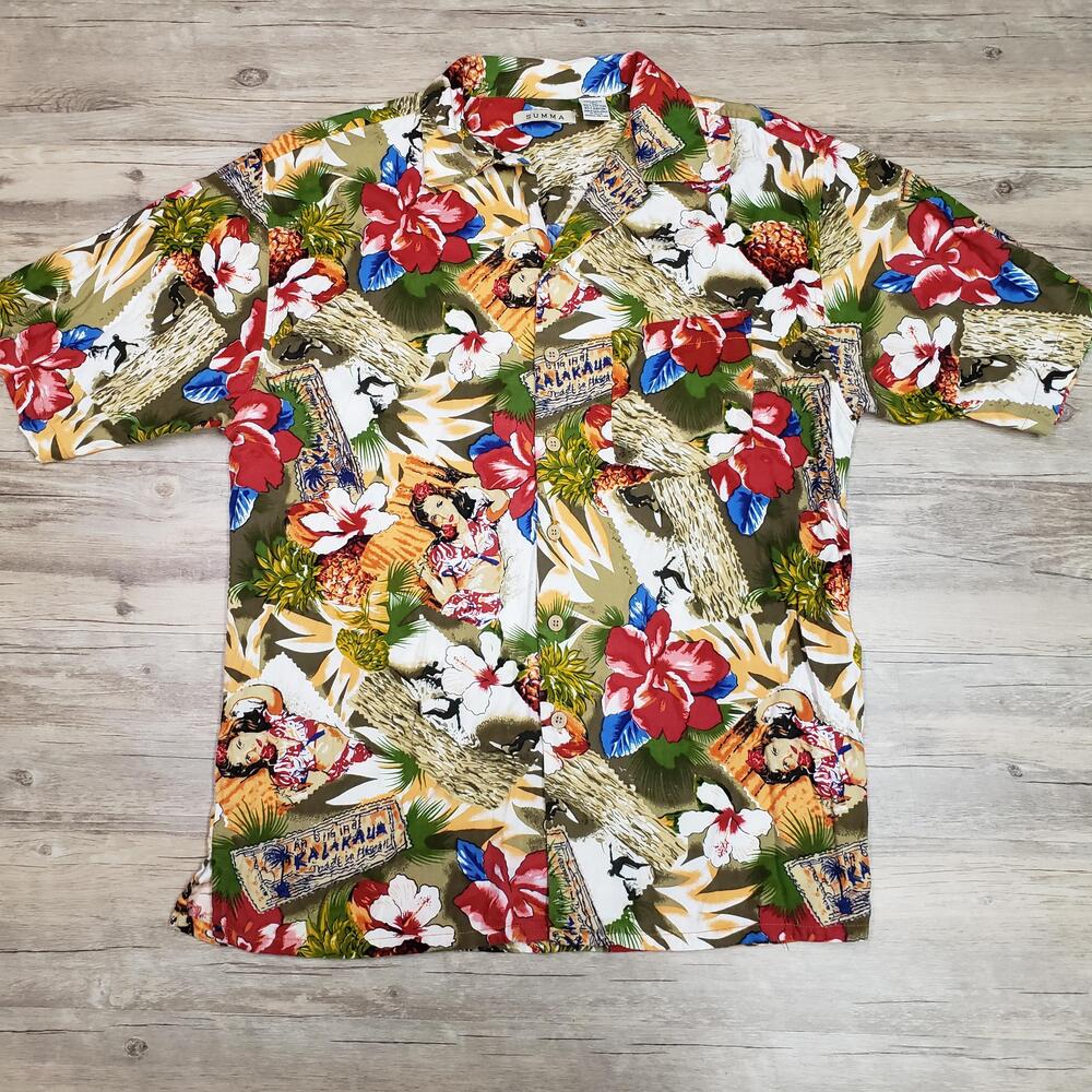 Summa Shirt Mens Large Multicolor Floral Hawaiian Short Sleeve Button Up Casual